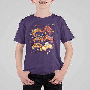 Fall Season Gamers T Shirt For Kid Gaming Controllers Pumpkin Turkey Autumn Maple Leaf TS11 Purple Print Your Wear