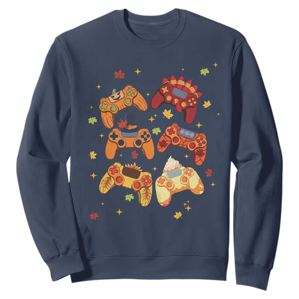 Fall Season Gamers Sweatshirt Gaming Controllers Pumpkin Turkey Autumn Maple Leaf TS11 Navy Print Your Wear