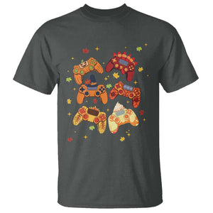 Fall Season Gamers T Shirt Gaming Controllers Pumpkin Turkey Autumn Maple Leaf TS11 Dark Heather Print Your Wear
