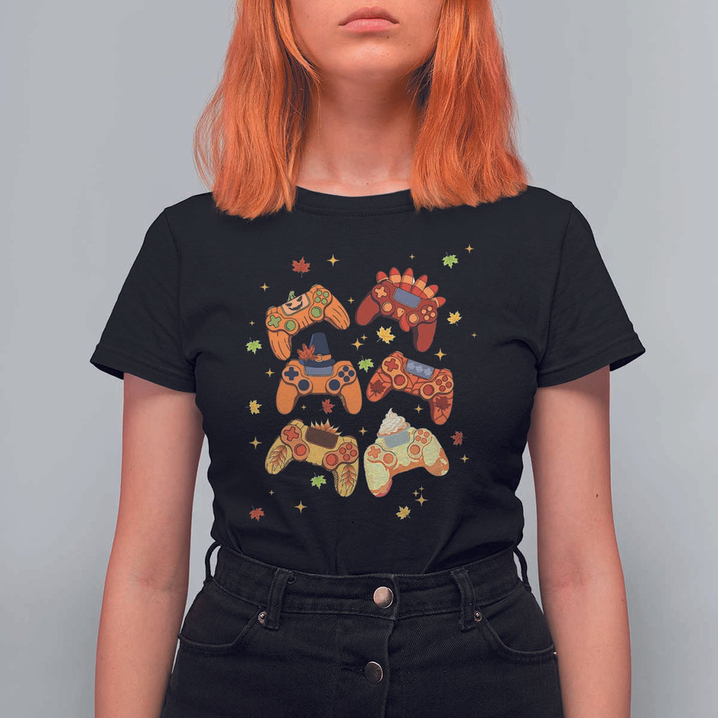Fall Season Gamers T Shirt For Women Gaming Controllers Pumpkin Turkey Autumn Maple Leaf TS11 Black Print Your Wear