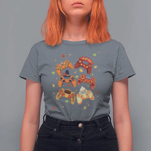 Fall Season Gamers T Shirt For Women Gaming Controllers Pumpkin Turkey Autumn Maple Leaf TS11 Charcoal Print Your Wear