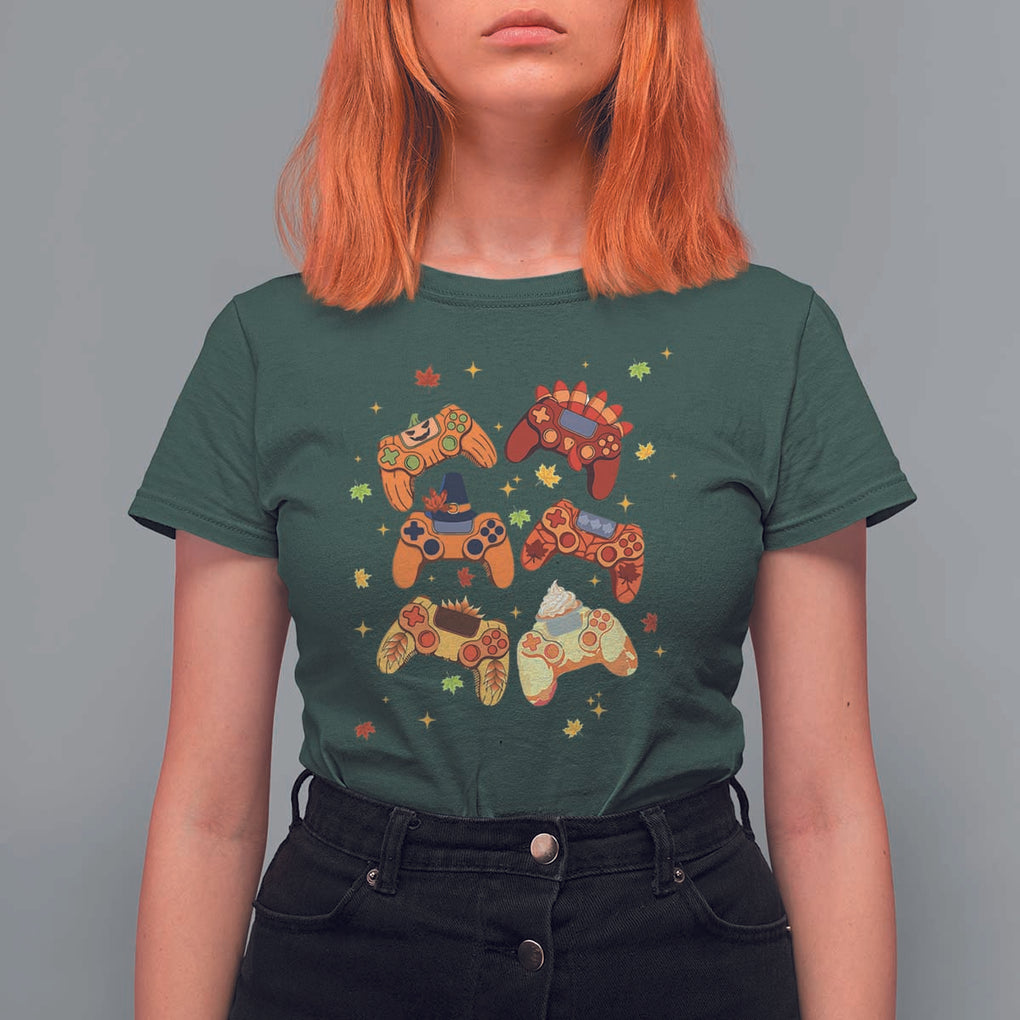 Fall Season Gamers T Shirt For Women Gaming Controllers Pumpkin Turkey Autumn Maple Leaf TS11 Dark Forest Green Print Your Wear