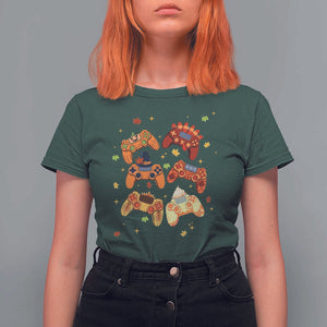 Fall Season Gamers T Shirt For Women Gaming Controllers Pumpkin Turkey Autumn Maple Leaf TS11 Dark Forest Green Print Your Wear