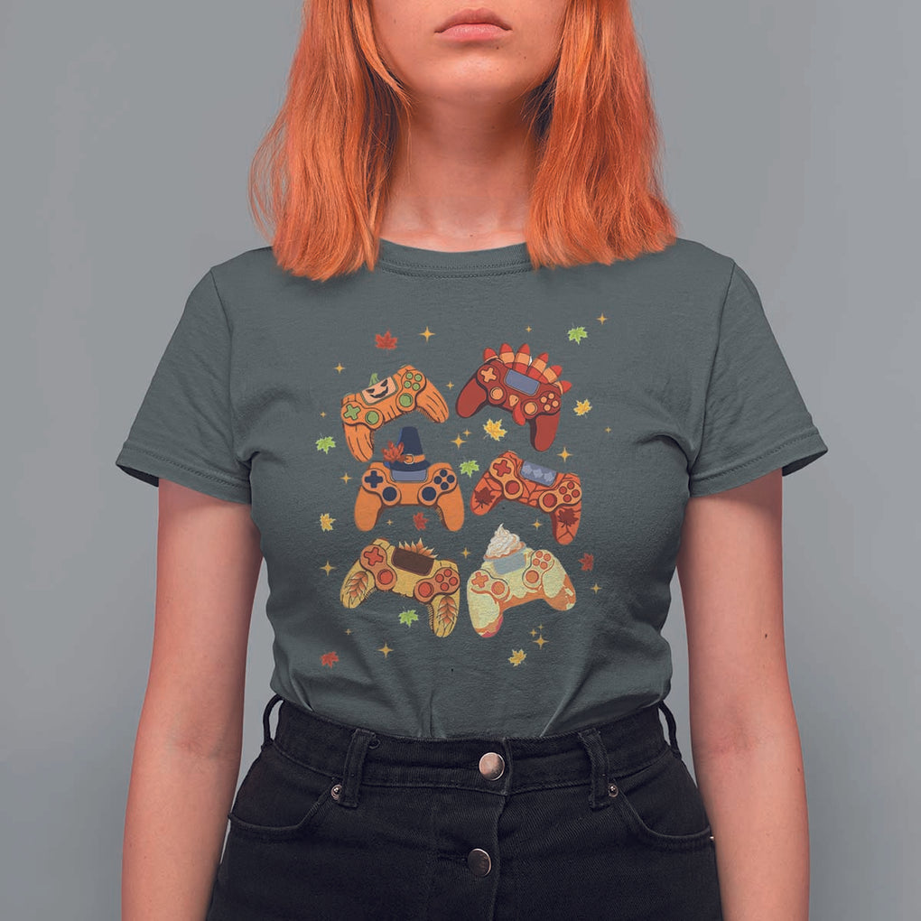Fall Season Gamers T Shirt For Women Gaming Controllers Pumpkin Turkey Autumn Maple Leaf TS11 Dark Heather Print Your Wear