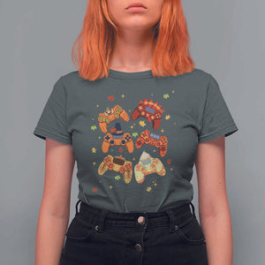 Fall Season Gamers T Shirt For Women Gaming Controllers Pumpkin Turkey Autumn Maple Leaf TS11 Dark Heather Print Your Wear