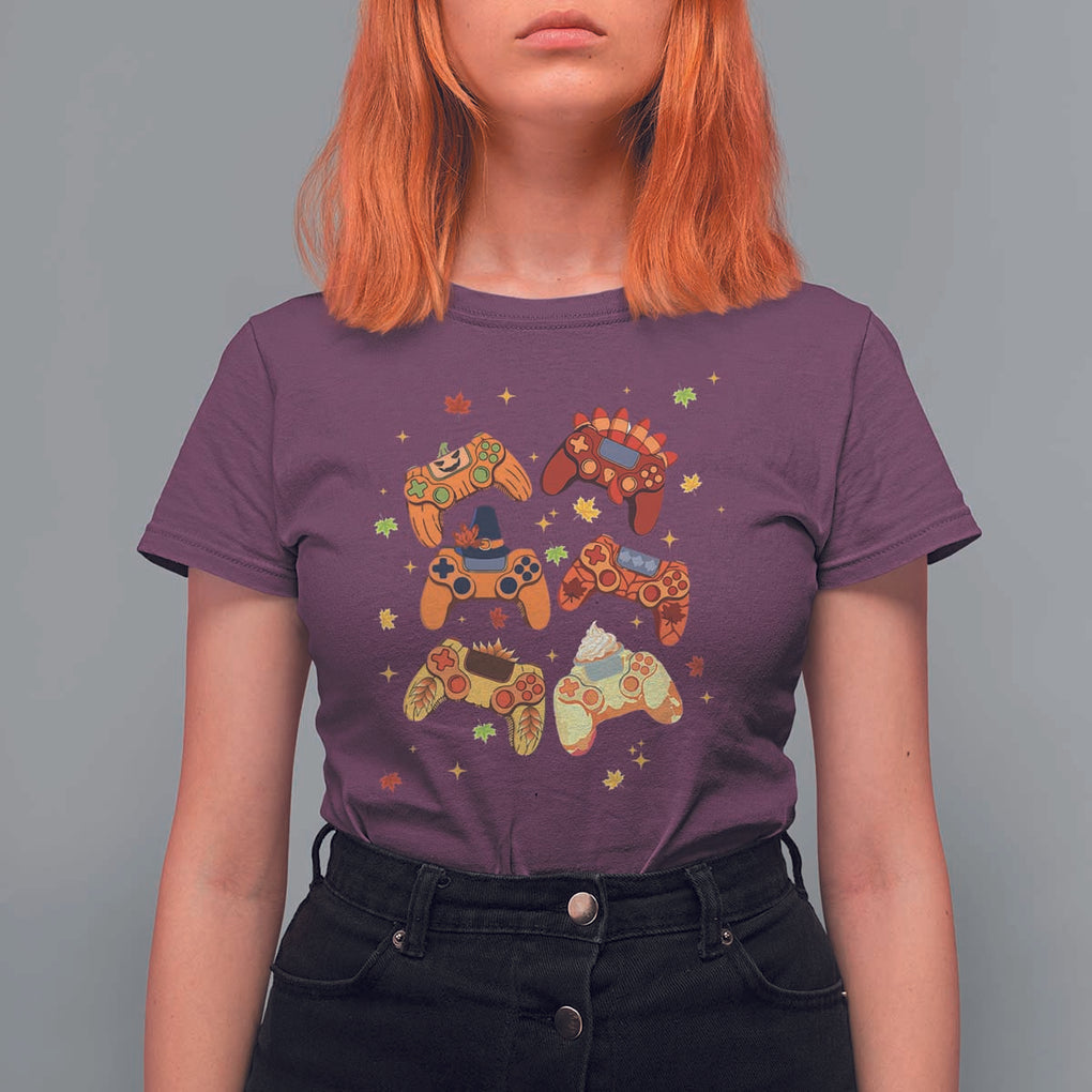 Fall Season Gamers T Shirt For Women Gaming Controllers Pumpkin Turkey Autumn Maple Leaf TS11 Maroon Print Your Wear