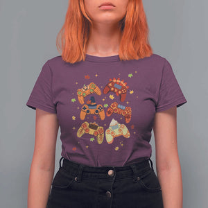 Fall Season Gamers T Shirt For Women Gaming Controllers Pumpkin Turkey Autumn Maple Leaf TS11 Maroon Print Your Wear