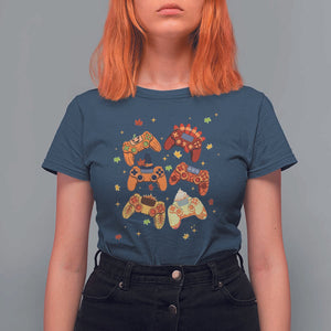 Fall Season Gamers T Shirt For Women Gaming Controllers Pumpkin Turkey Autumn Maple Leaf TS11 Navy Print Your Wear