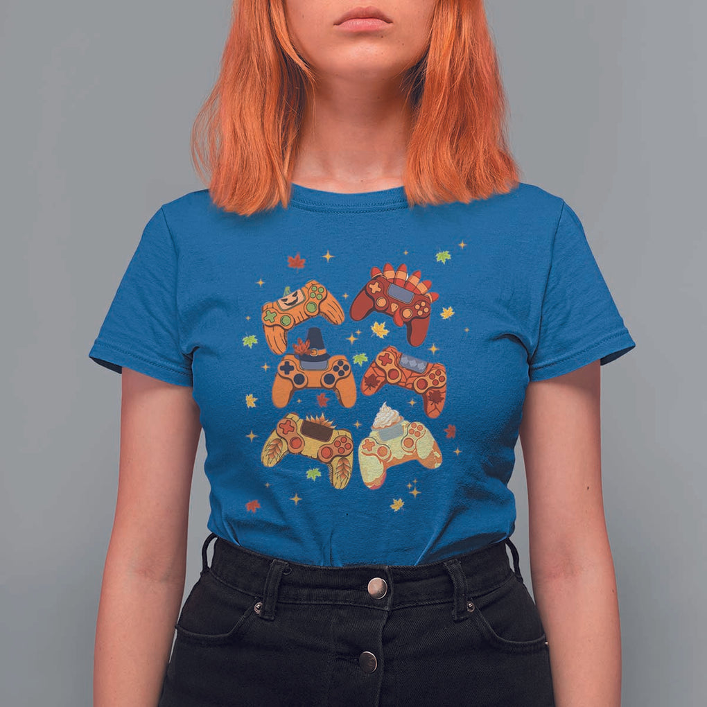Fall Season Gamers T Shirt For Women Gaming Controllers Pumpkin Turkey Autumn Maple Leaf TS11 Royal Blue Print Your Wear