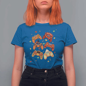 Fall Season Gamers T Shirt For Women Gaming Controllers Pumpkin Turkey Autumn Maple Leaf TS11 Royal Blue Print Your Wear