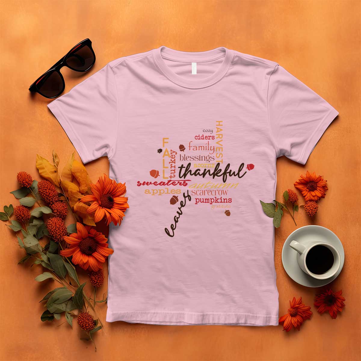Thanksgiving Maple Leaf Fall Season T Shirt TS11 Light Pink Print Your Wear
