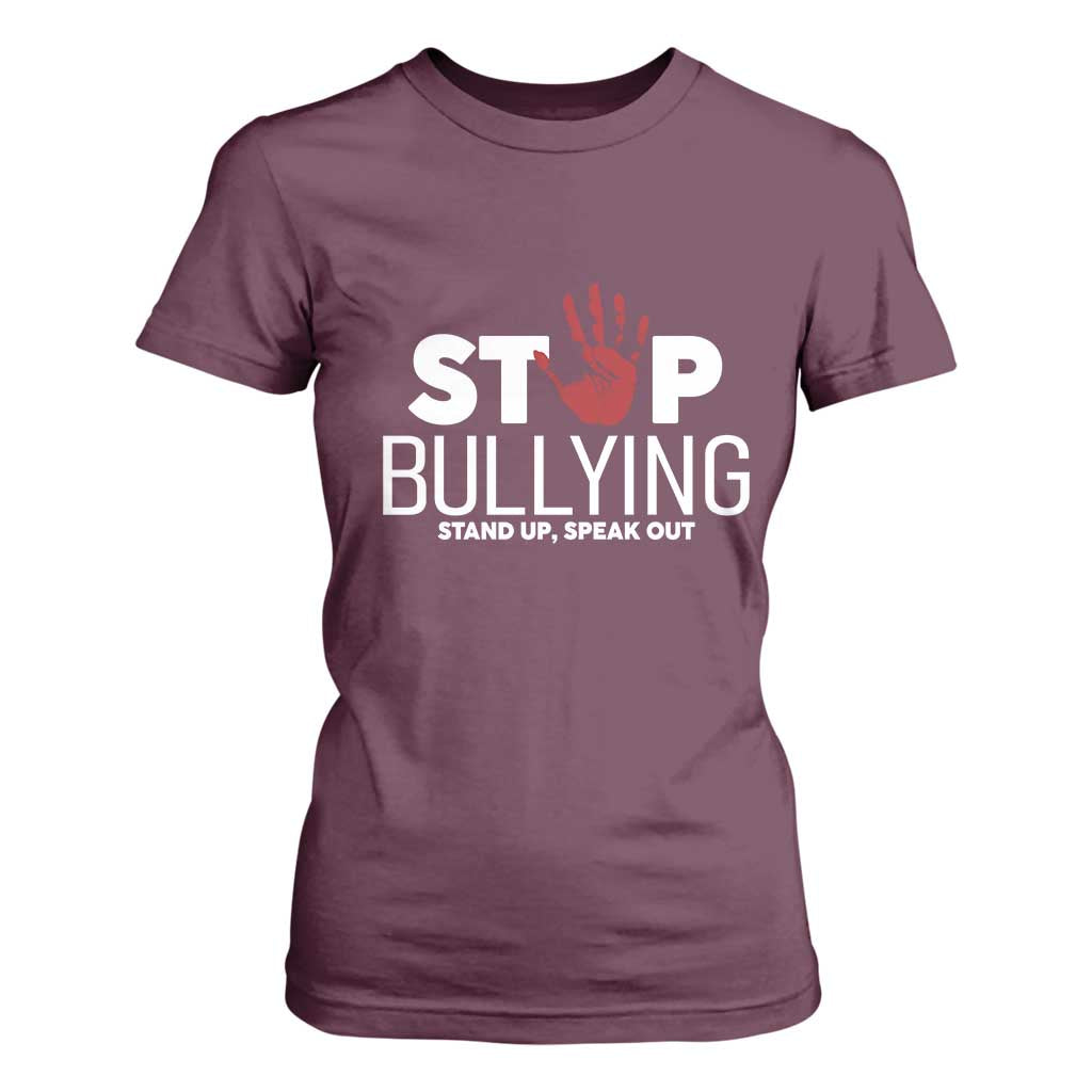 Anti Bullying Awareness T Shirt For Women Stop Bullying Stand Up Speak Out Hand Prints TS11 Maroon Print Your Wear