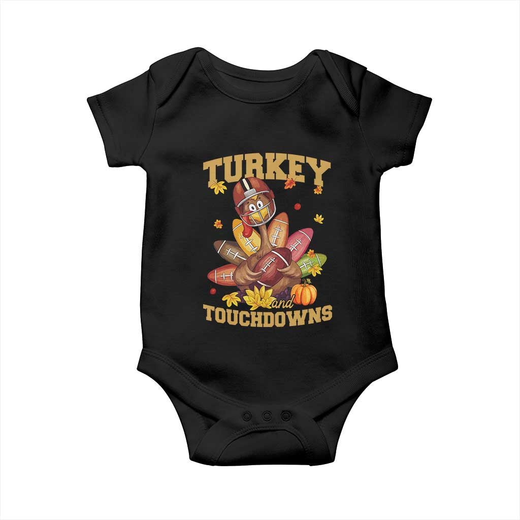 Funny Turkey And Touchdowns Baby Onesie Thanksgiving American Football Fall Season - Print Your Wear