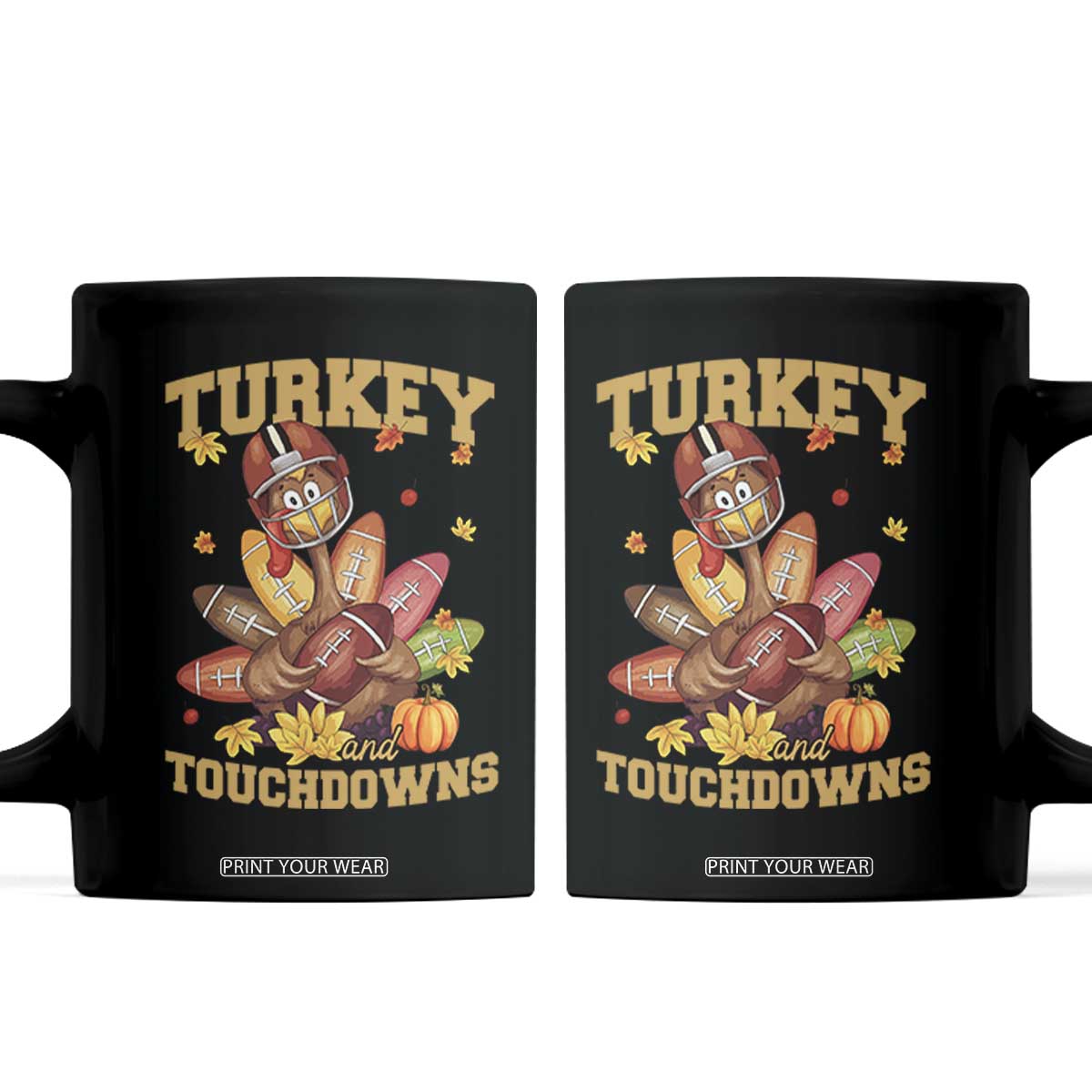 Funny Turkey And Touchdowns Coffee Mug Thanksgiving American Football Fall Season - Print Your Wear