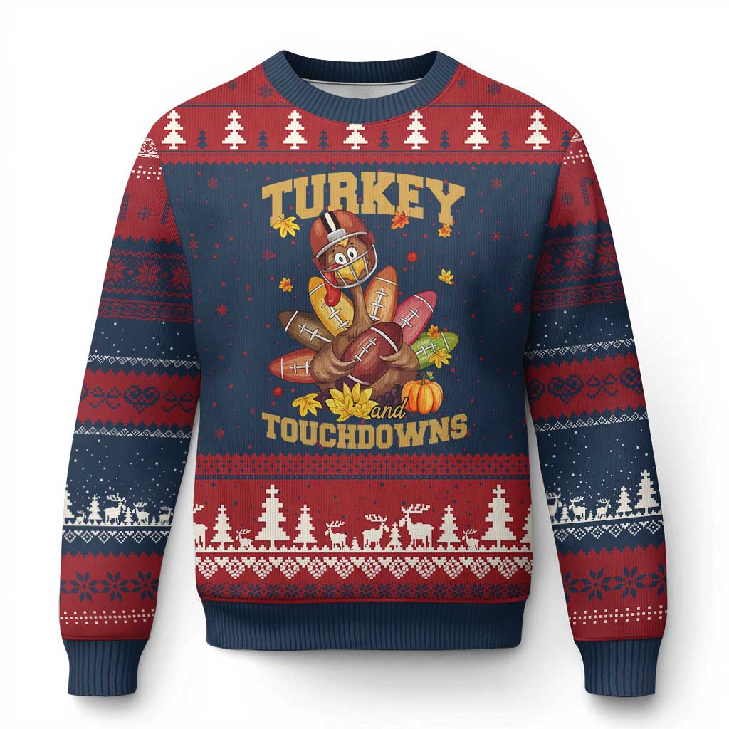 Funny Turkey And Touchdowns Ugly Christmas Sweater Thanksgiving American Football Fall Season TS11 Navy Red Print Your Wear