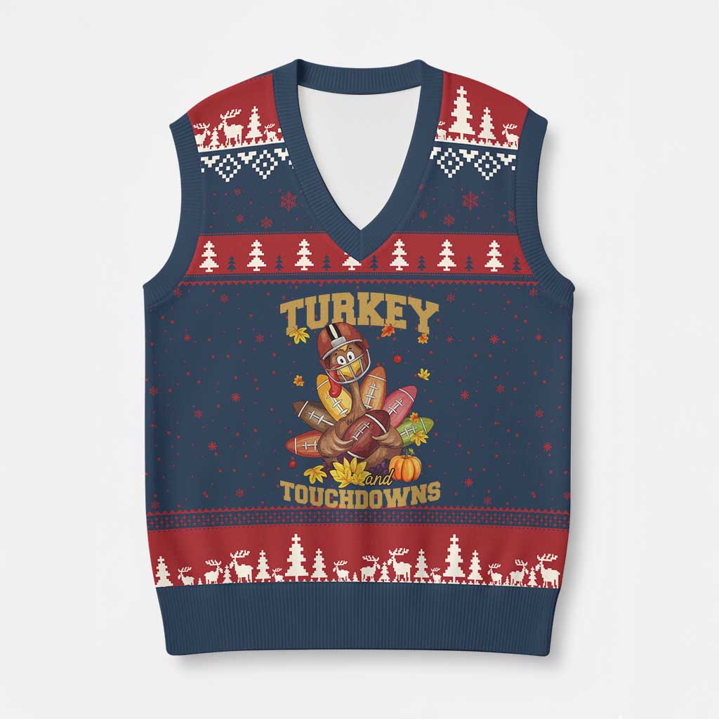 Funny Turkey And Touchdowns V-Neck Knit Sweater Vest Thanksgiving American Football Fall Season TS11 Navy Red Print Your Wear