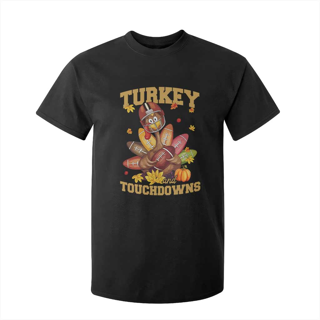 Funny Turkey And Touchdowns T Shirt For Kid Thanksgiving American Football Fall Season - Print Your Wear