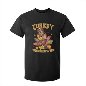 Funny Turkey And Touchdowns T Shirt For Kid Thanksgiving American Football Fall Season - Print Your Wear