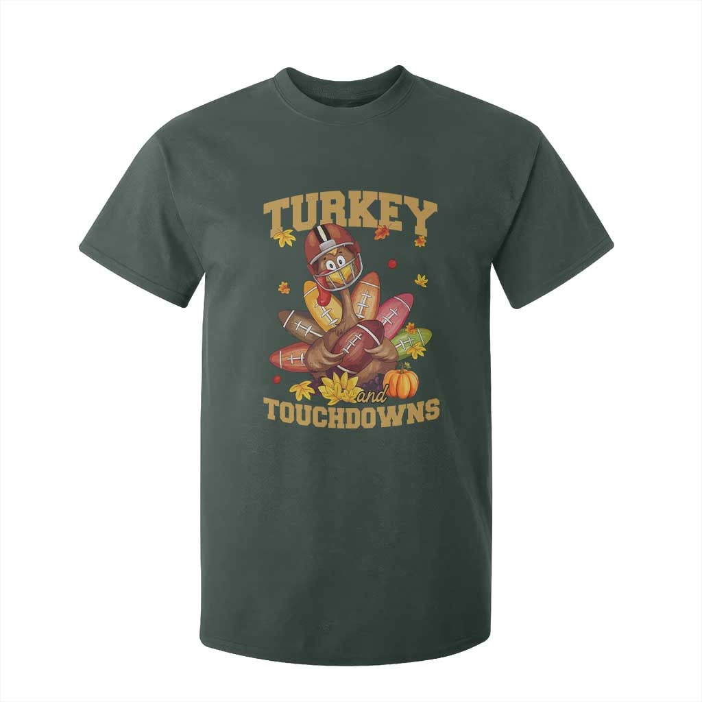 Funny Turkey And Touchdowns T Shirt For Kid Thanksgiving American Football Fall Season TS11 Dark Forest Green Print Your Wear