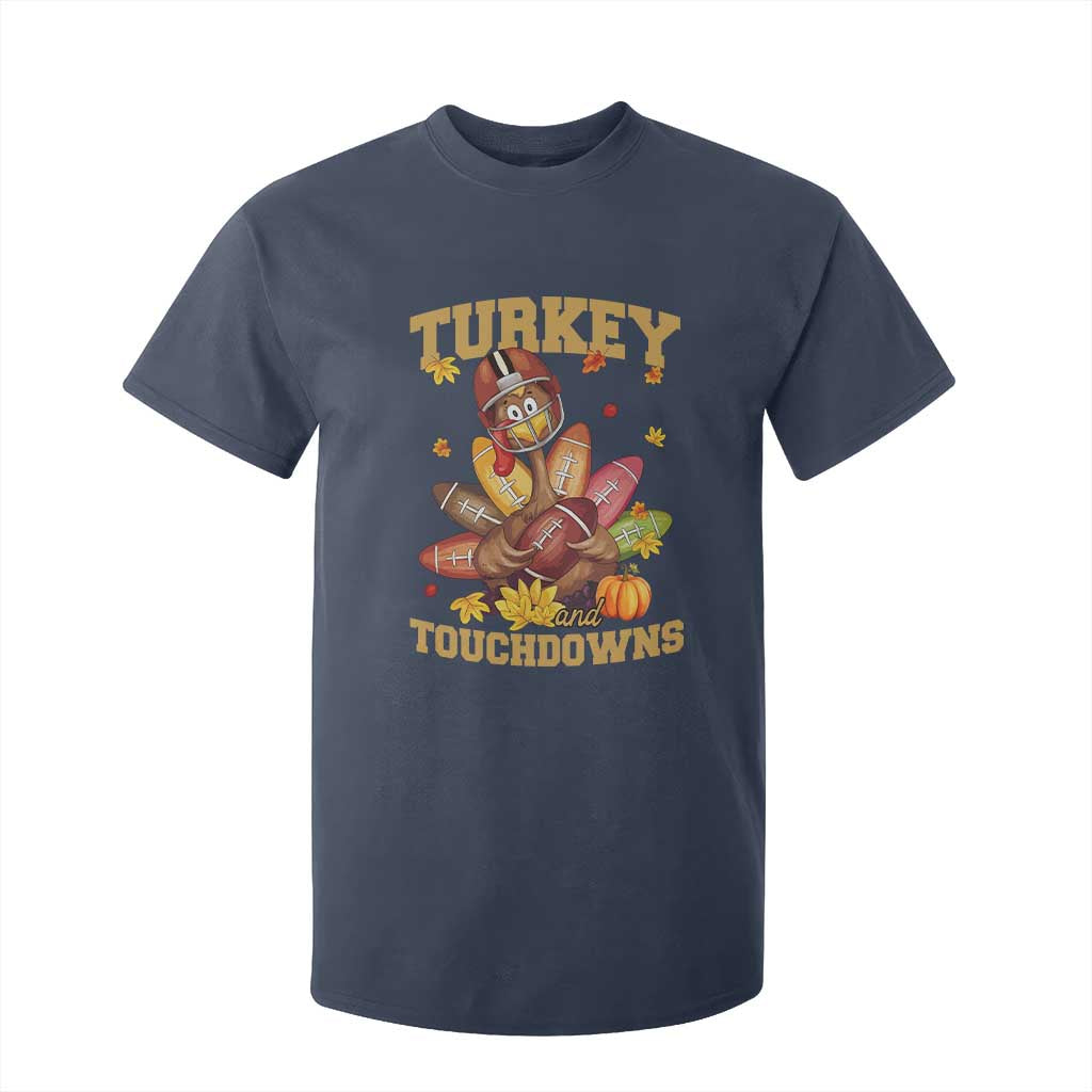 Funny Turkey And Touchdowns T Shirt For Kid Thanksgiving American Football Fall Season TS11 Navy Print Your Wear
