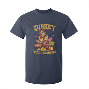 Funny Turkey And Touchdowns T Shirt For Kid Thanksgiving American Football Fall Season TS11 Navy Print Your Wear