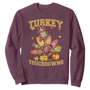 Funny Turkey And Touchdowns Sweatshirt Thanksgiving American Football Fall Season TS11 Maroon Print Your Wear