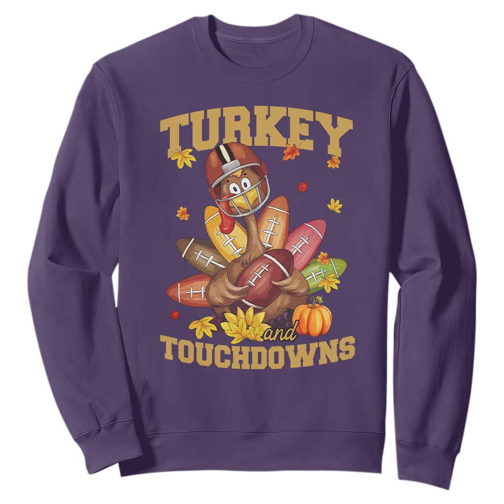 Funny Turkey And Touchdowns Sweatshirt Thanksgiving American Football Fall Season TS11 Purple Print Your Wear