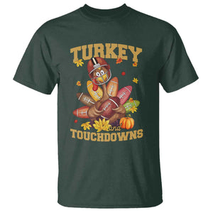 Funny Turkey And Touchdowns T Shirt Thanksgiving American Football Fall Season TS11 Dark Forest Green Print Your Wear