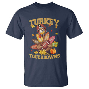 Funny Turkey And Touchdowns T Shirt Thanksgiving American Football Fall Season TS11 Navy Print Your Wear