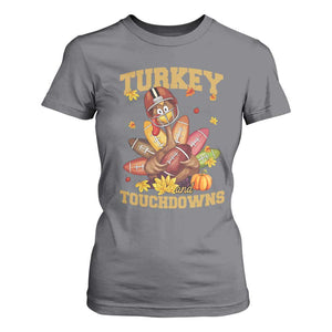 Funny Turkey And Touchdowns T Shirt For Women Thanksgiving American Football Fall Season TS11 Charcoal Print Your Wear