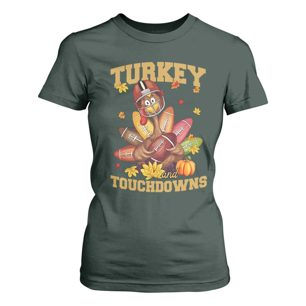 Funny Turkey And Touchdowns T Shirt For Women Thanksgiving American Football Fall Season TS11 Dark Forest Green Print Your Wear