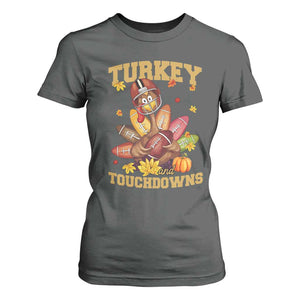 Funny Turkey And Touchdowns T Shirt For Women Thanksgiving American Football Fall Season - Print Your Wear