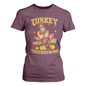 Funny Turkey And Touchdowns T Shirt For Women Thanksgiving American Football Fall Season TS11 Maroon Print Your Wear