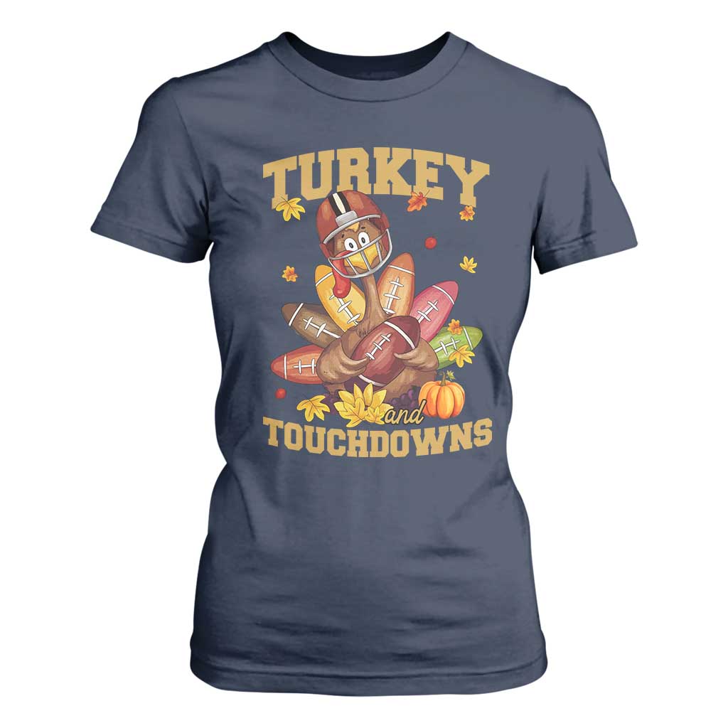Funny Turkey And Touchdowns T Shirt For Women Thanksgiving American Football Fall Season TS11 Navy Print Your Wear