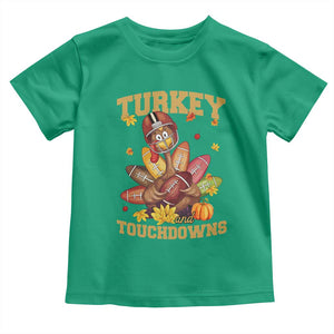 Funny Turkey And Touchdowns Toddler T Shirt Thanksgiving American Football Fall Season - Print Your Wear