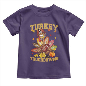 Funny Turkey And Touchdowns Toddler T Shirt Thanksgiving American Football Fall Season - Print Your Wear