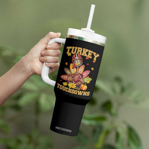 Funny Turkey And Touchdowns Tumbler With Handle Thanksgiving American Football Fall Season - Print Your Wear