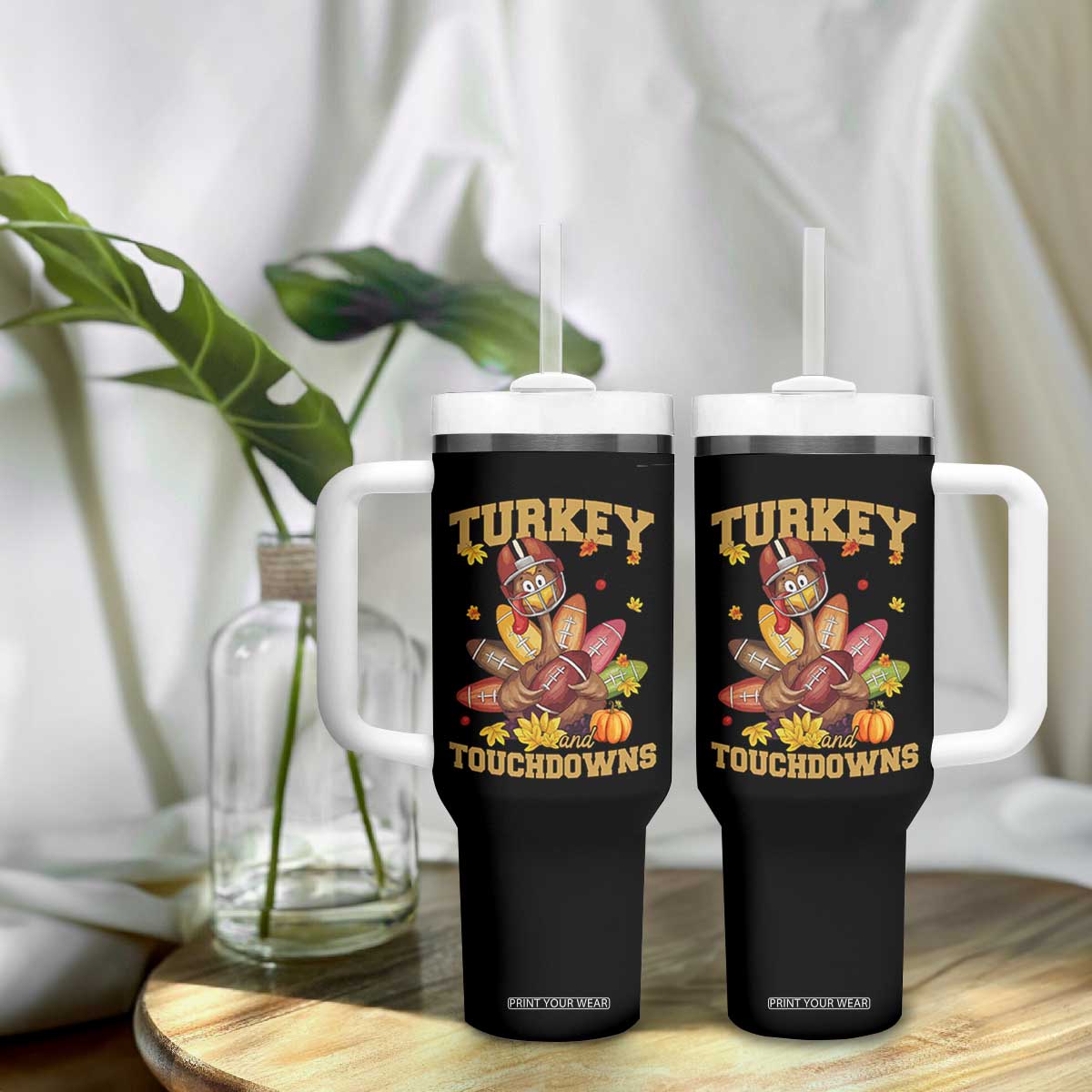 Funny Turkey And Touchdowns Tumbler With Handle Thanksgiving American Football Fall Season - Print Your Wear