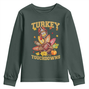 Funny Turkey And Touchdowns Youth Sweatshirt Thanksgiving American Football Fall Season TS11 Dark Forest Green Print Your Wear