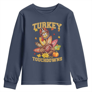Funny Turkey And Touchdowns Youth Sweatshirt Thanksgiving American Football Fall Season TS11 Navy Print Your Wear