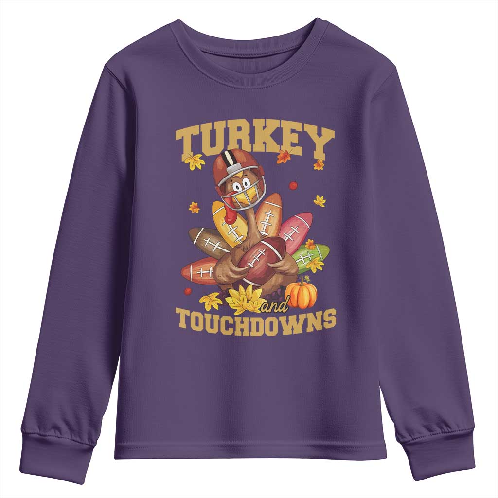 Funny Turkey And Touchdowns Youth Sweatshirt Thanksgiving American Football Fall Season TS11 Purple Print Your Wear