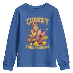 Funny Turkey And Touchdowns Youth Sweatshirt Thanksgiving American Football Fall Season TS11 Royal Blue Print Your Wear
