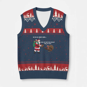 Funny Thanksgiving Xmas V-Neck Knit Sweater Vest Wait Your Turn Fat Boy Santa Turkey Thanksmas TS11 Navy Red Print Your Wear