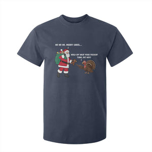 Funny Thanksgiving Christmas T Shirt For Kid Wait Your Turn Fat Boy Santa Turkey Thanksmas TS11 Navy Print Your Wear