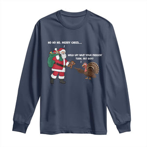 Funny Thanksgiving Christmas Long Sleeve Shirt Wait Your Turn Fat Boy Santa Turkey Thanksmas TS11 Navy Print Your Wear
