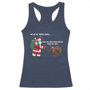 Funny Thanksgiving Christmas Racerback Tank Top Wait Your Turn Fat Boy Santa Turkey Thanksmas TS11 Navy Print Your Wear