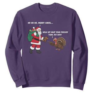 Funny Thanksgiving Christmas Sweatshirt Wait Your Turn Fat Boy Santa Turkey Thanksmas TS11 Purple Print Your Wear