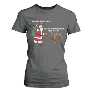 Funny Thanksgiving Christmas T Shirt For Women Wait Your Turn Fat Boy Santa Turkey Thanksmas TS11 Dark Heather Print Your Wear