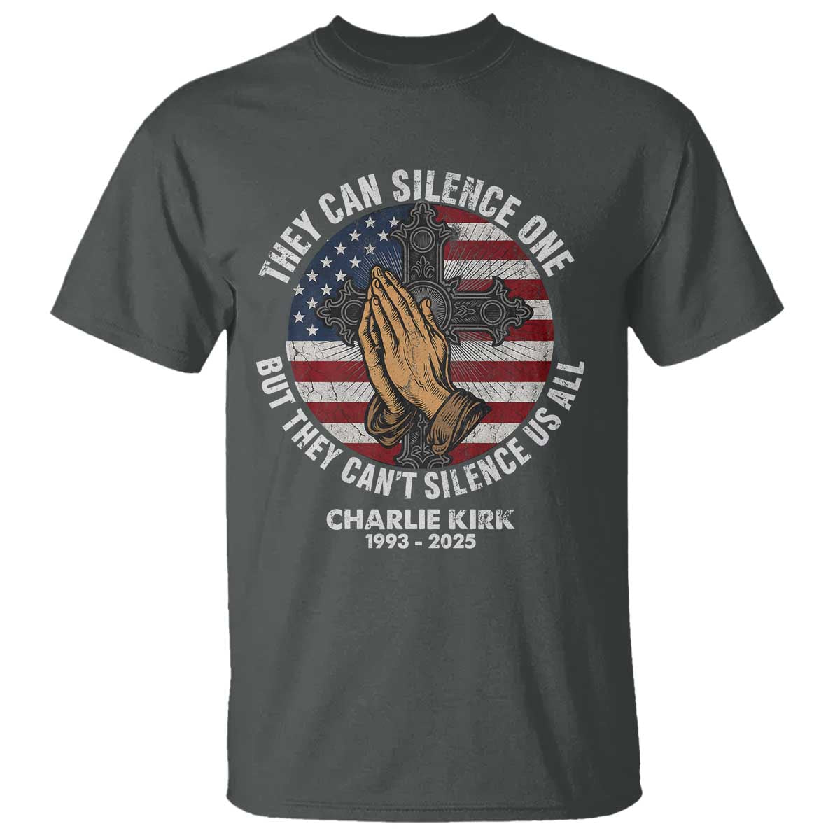 Charlie Kirk Memorial T Shirt They Can Silence One But They Cant Silence Us All TS11 Dark Heather Print Your Wear