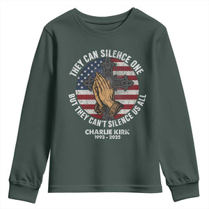 Charlie Kirk Memorial Youth Sweatshirt They Can Silence One But They Cant Silence Us All TS11 Dark Forest Green Print Your Wear